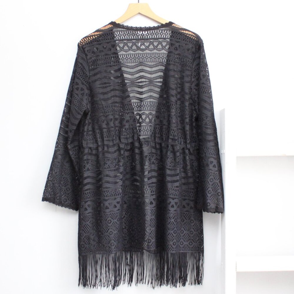 Dotti Women's Black Bemus Fringed Crochet Lightweight Kimono Cover-Up Size XL - Picture 3 of 6